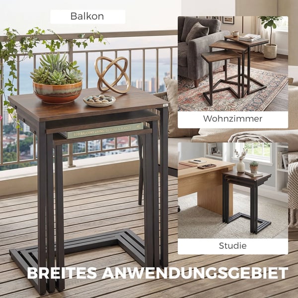 3-delars sidobordsset C-formade stapelbara bord i industridesign - Mdf/stål, rustikbrun