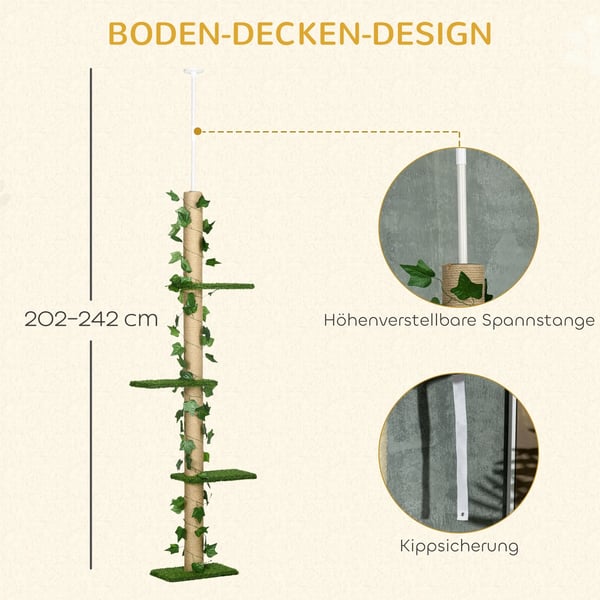 Klösträd för tak, 202-242 cm, Klätterträd med justerbar höjd och tippskydd, konstgjorda löv, jute, spanplatta, grön+gul