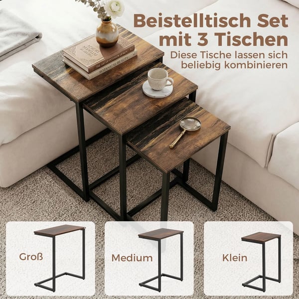 3-delars sidobordsset C-formade stapelbara bord i industridesign - Mdf/stål, rustikbrun