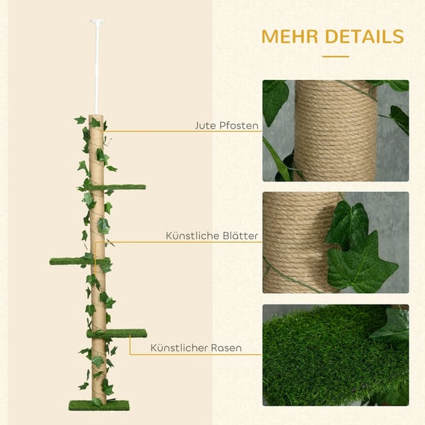 Klösträd för tak, 202-242 cm, Klätterträd med justerbar höjd och tippskydd, konstgjorda löv, jute, spanplatta, grön+gul