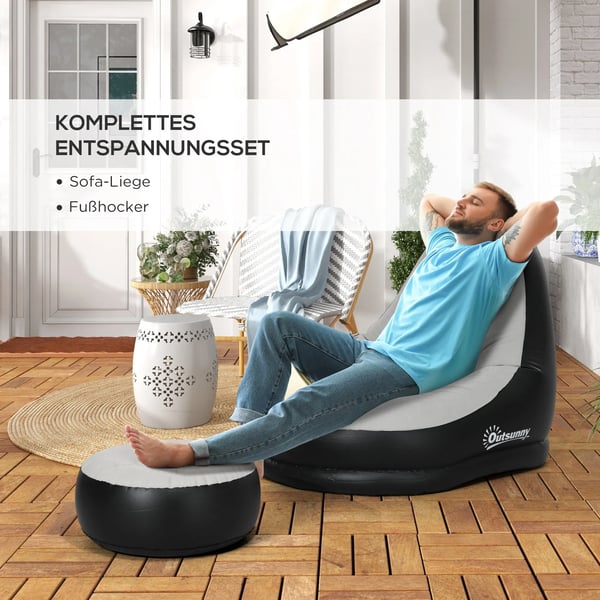 Uppblåsbar soffa med fotpall, luftsoffa med mugghållare, för camping & hemmet, ljusgrå, 125x100x87cm