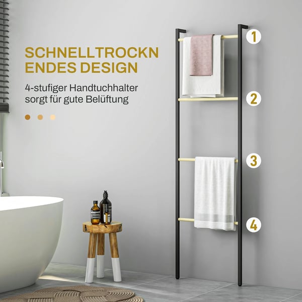 Håndklædestige 49 x 167,5 cm Håndklædeholder med 4 stænger, pladsbesparende, til badehåndklæder, tøj, tæpper, aviser, stål, sort | Aosom