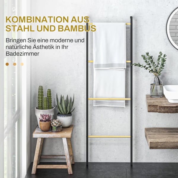 Håndklædestige 49 x 167,5 cm Håndklædeholder med 4 stænger, pladsbesparende, til badehåndklæder, tøj, tæpper, aviser, stål, sort | Aosom