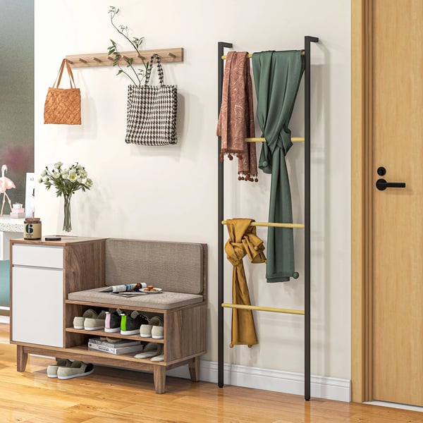 Håndklædestige 49 x 167,5 cm Håndklædeholder med 4 stænger, pladsbesparende, til badehåndklæder, tøj, tæpper, aviser, stål, sort | Aosom