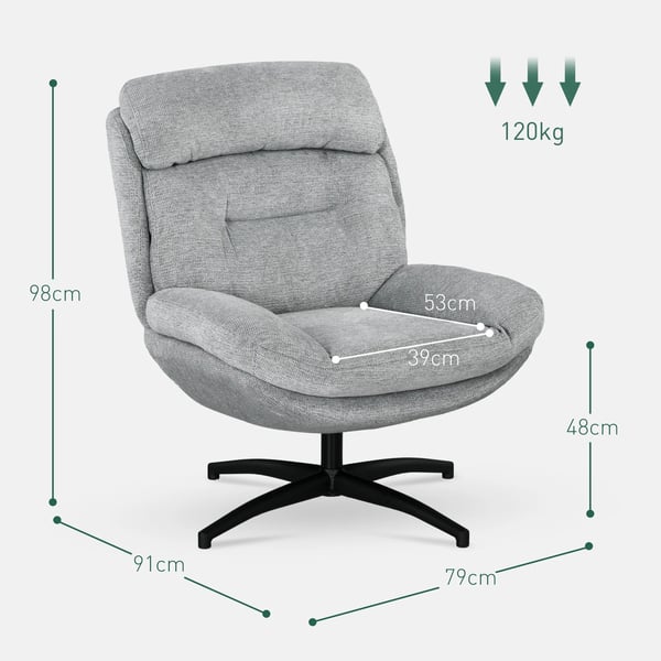 Snurrfåtölj i grå polyester, bekväm loungestol med vattenavvisande yta och integrerade armstöd för vardagsrum