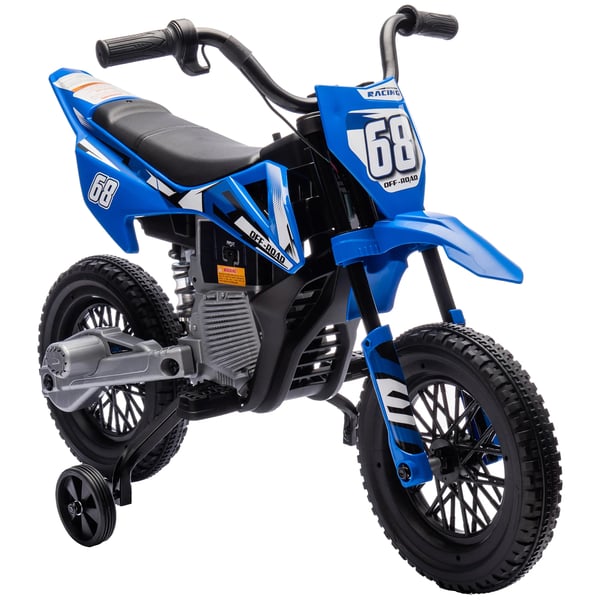 Elmotorcykel för barn, 12V, blå - med musik och stödhjul, 2,4-5 km/h, max 30kg, 3-6 år