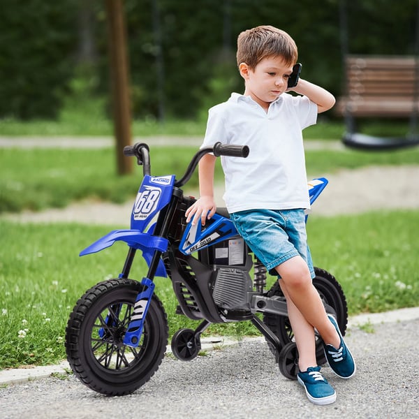 Elmotorcykel för barn, 12V, blå - med musik och stödhjul, 2,4-5 km/h, max 30kg, 3-6 år