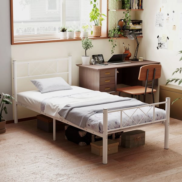 enkeltsengestel i stål 200x90 cm, hvid - robust og stilren sengekonstruktion med god opbevaringsplads under