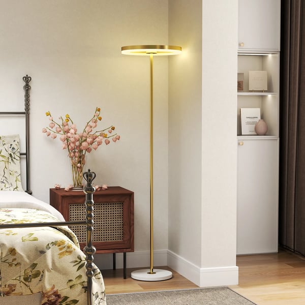 LED Golvlampa i Metall, Guld, Dimbar med Fotströmbrytare - Perfekt för Vardagsrum och Sovrum