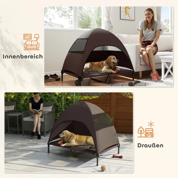 Hundeseng utendørs med tak – Høy, avkjølende PET-seng i kaffe (Polyester, 106x76x99cm)