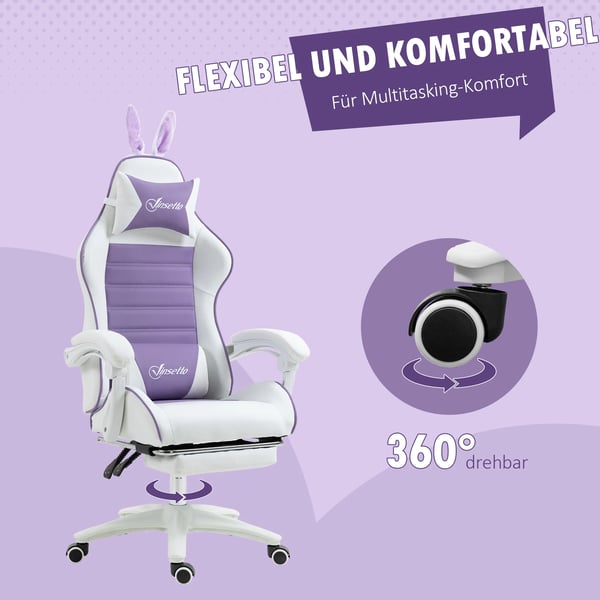 Gamingstol - Lila Konstläder, Ergonomisk med Fotstöd och Kaninöron