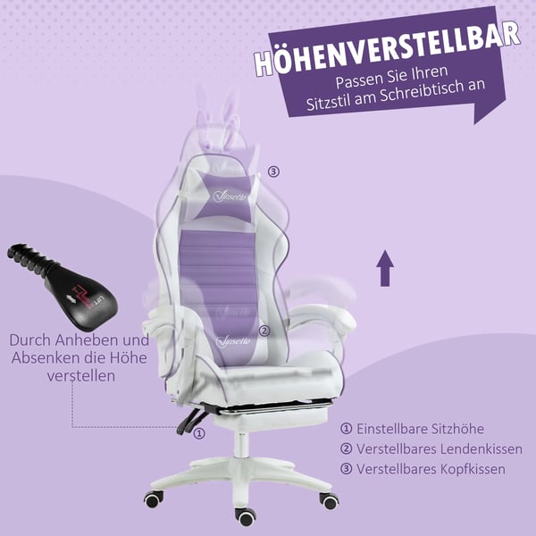 Gamingstol - Lila Konstläder, Ergonomisk med Fotstöd och Kaninöron