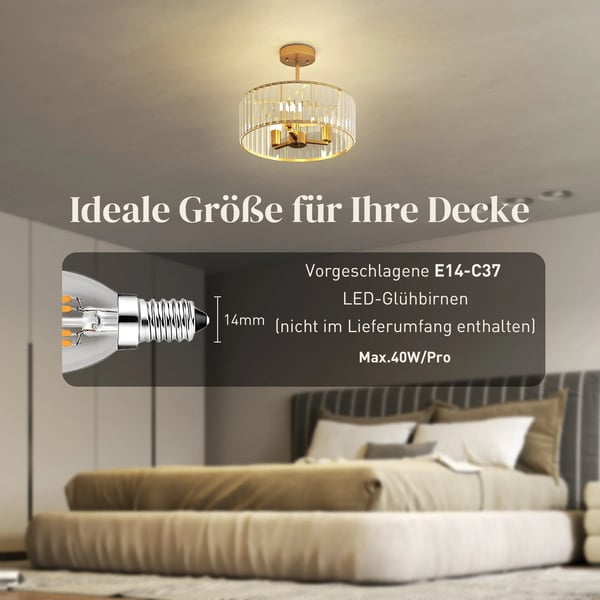 loftlampe, lysekrone-design, krystalskærm, 3 pærer, metal, guld