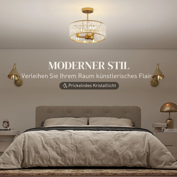 loftlampe, lysekrone-design, krystalskærm, 3 pærer, metal, guld