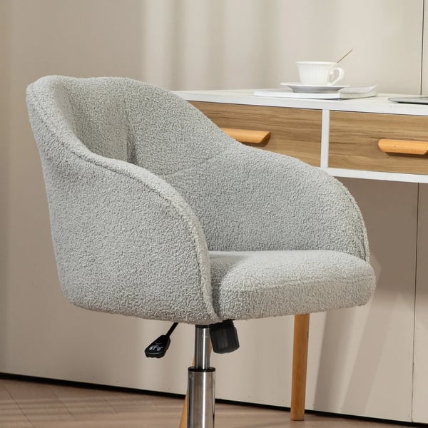 Kontorsstol i Teddyfleece, Ergonomisk Skrivbordsstol, Snurrstol, Höjdjusterbar med Gungfunktion, Sminkstol för Sovrum/Arbetsrum, Grå, Polyester