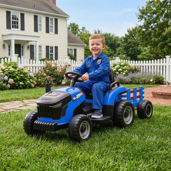 Elektrisk Barnetraktor med Släpvagn, Fjärrkontroll, Mjukstart, Blå, 3-8 år
