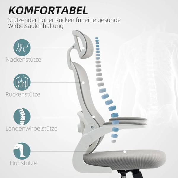 Ergonomisk Kontorsstol i Nätmaterial, Höjdjusterbar, Fällbara Armstöd, 5 Hjul, Gungfunktion, Grå Onda