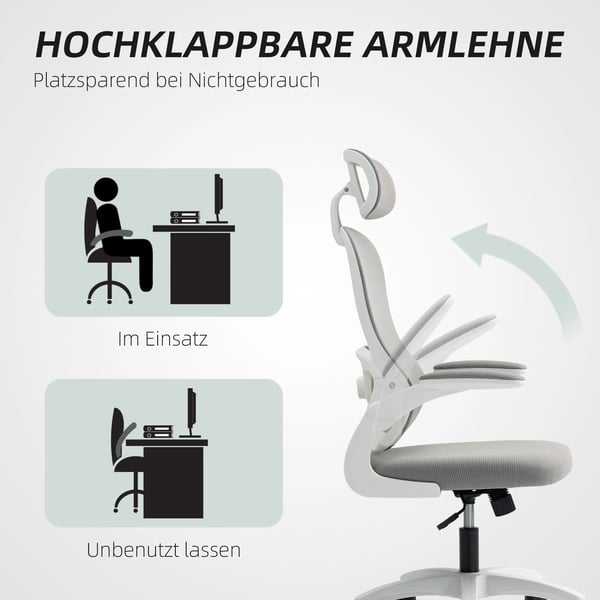 Ergonomisk Kontorsstol i Nätmaterial, Höjdjusterbar, Fällbara Armstöd, 5 Hjul, Gungfunktion, Grå Onda