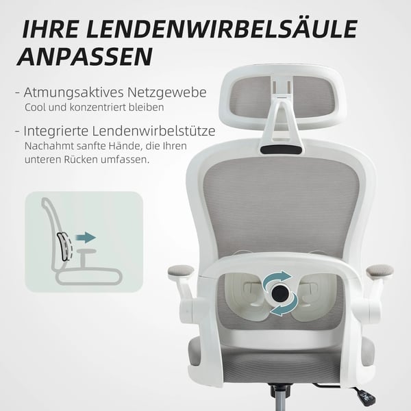 Ergonomisk Kontorsstol i Nätmaterial, Höjdjusterbar, Fällbara Armstöd, 5 Hjul, Gungfunktion, Grå Onda