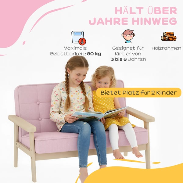 Barnsoffa i sammet, Rosa, med ram i gummiträ, för barn 3-15 år