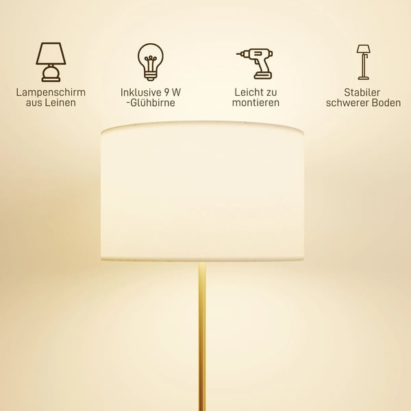 Golvlampa i guld med fjärrkontroll, höjdjusterbar, tygskärm i linneoptik, metallfot