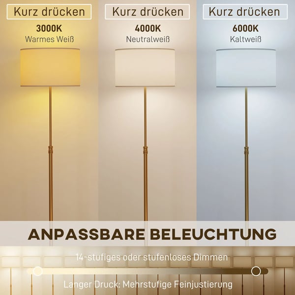 Golvlampa i guld med fjärrkontroll, höjdjusterbar, tygskärm i linneoptik, metallfot