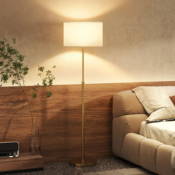 Golvlampa i guld med fjärrkontroll, höjdjusterbar, tygskärm i linneoptik, metallfot