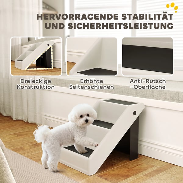 Hundtrappa 3 steg 36,5 cm hfg, hopfbarbar husdjurstrappa fffr sma hundar och katter, kramvit plast