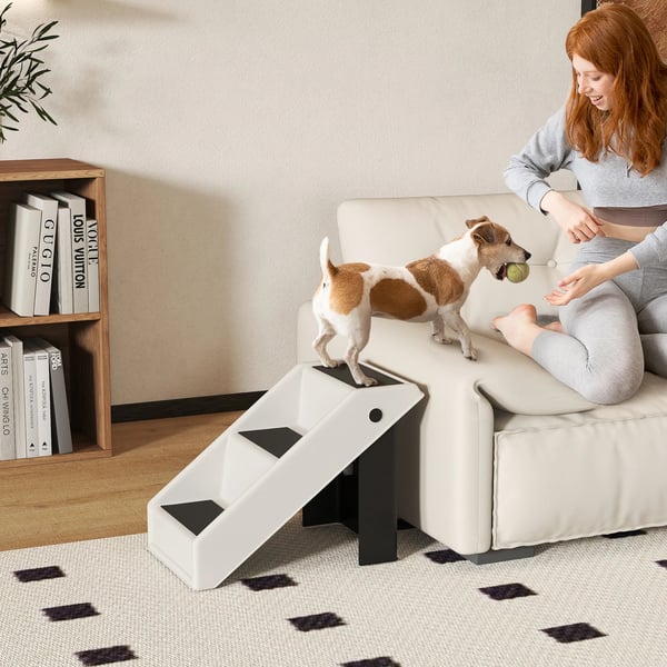 Hundtrappa 3 steg 36,5 cm hfg, hopfbarbar husdjurstrappa fffr sma hundar och katter, kramvit plast