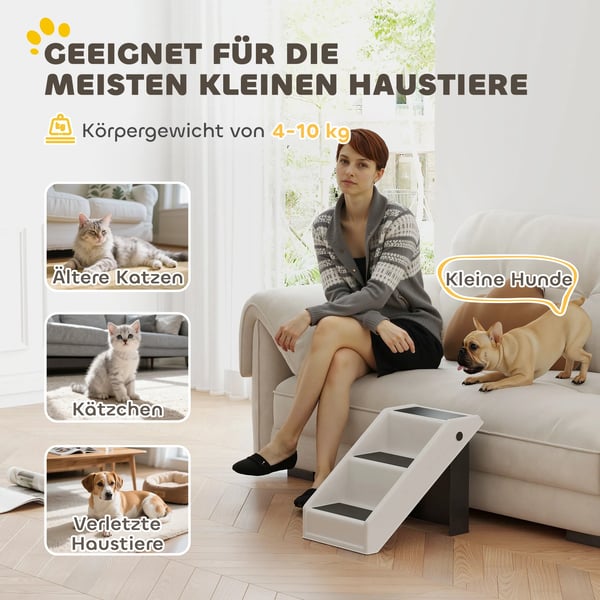 Hundtrappa 3 steg 36,5 cm hfg, hopfbarbar husdjurstrappa fffr sma hundar och katter, kramvit plast