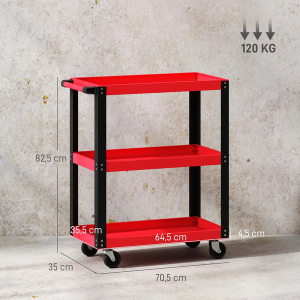 Værktøjsvogn med 3 niveauer, metalramme, 120 kg bæreevne, hjul, håndtag, rød