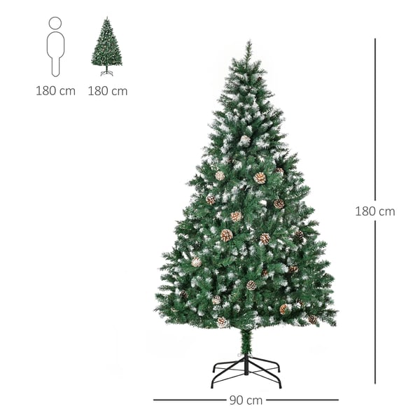 Kunstigt Juletræ 180 cm – Fyrretræ med 59 kogler, sneeffekt og 1111 grene i grøn plast/stål