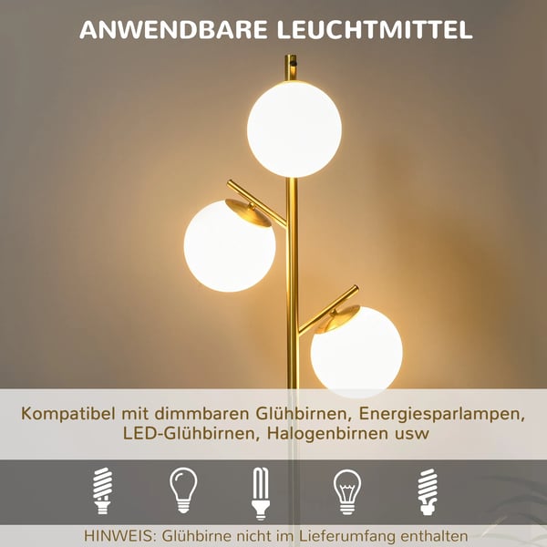 golvlampa 40W, golvlampa med E27-sockel och 3 glasskärmar, för vardagsrum, 169 cm hög