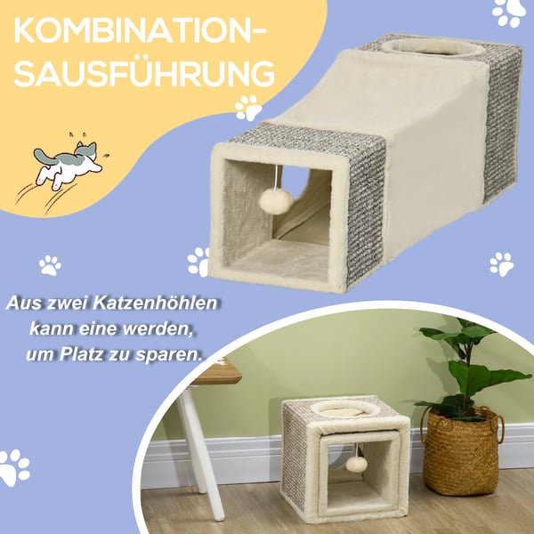 kattunnel med lekboll kattleksak, lektunnel av sisal, brun+beige, 98x30x30 cm