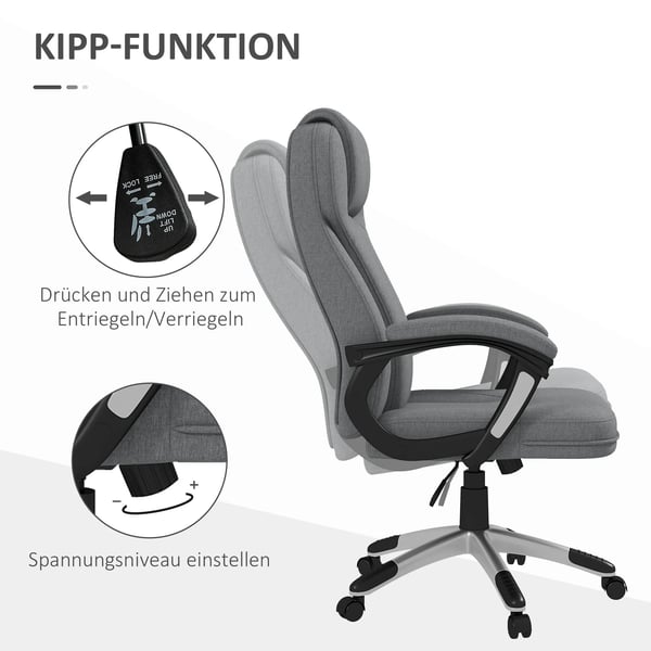 toimistotuoli Ergonominen tietokonetuoli keinutoiminnolla, korkeussäädettävä, niskatuki, käsinojat, harmaa, pellavapintainen, 66x75x110-120cm