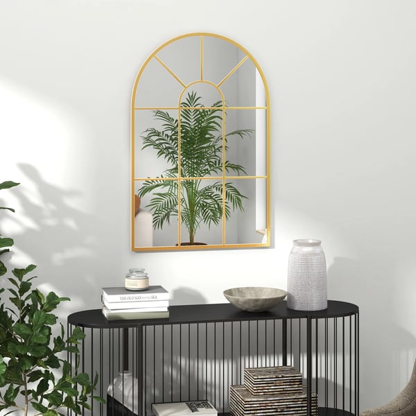 väggspegel fönsterspegel 91 x 60 cm dekorativ spegel med metallram hängande spegel för vardagsrum, sovrum, guld | Aosom