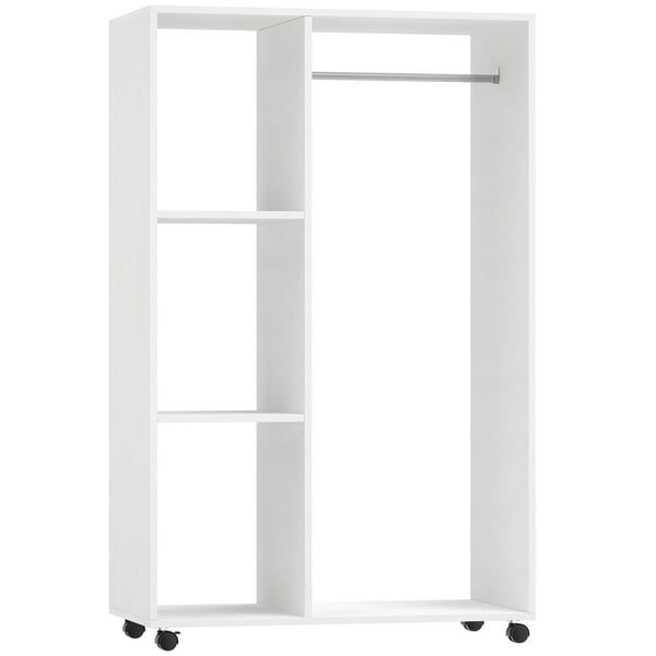 Garderobeskab på hjul, mobil, hvid, 1 tøjstang, 3 hylder, træmateriale, 80x40x128 cm