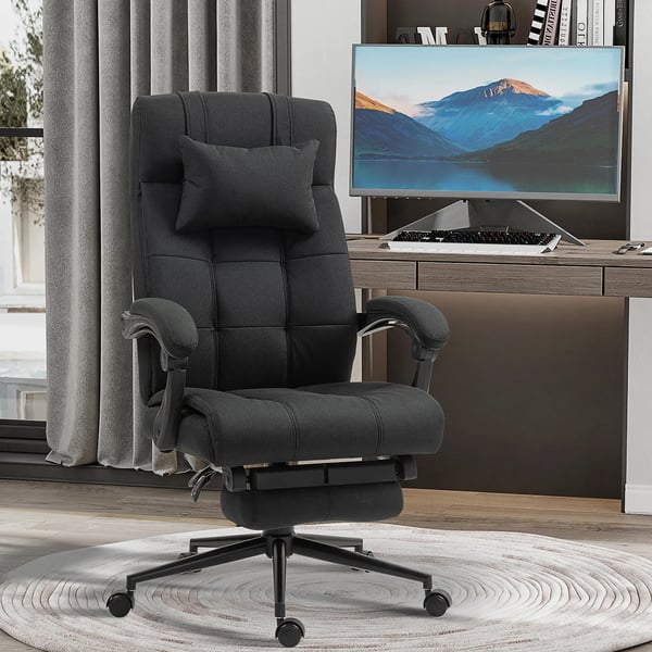 ergonomisk kontorsstol, svart, polyester, justerbar, med fotst`d och nackkudde