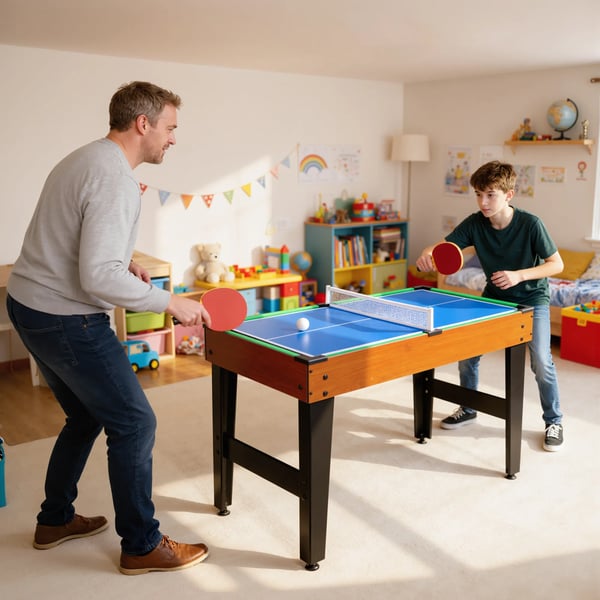 5-i-1 Multifunktionelt Legebord - Valnød, Bordfodbold, Bordhockey, Bordtennis, Poolbillard, Basketball