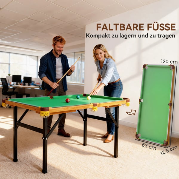 Foldbart Billardbord Grøn - Komplet sæt med 2 køer, 16 kugler, trekant og børste. Perfekt til familiehygge på begrænset plads. Nemt at opbeva