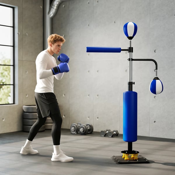 Stående Boksetræner - Hårdtræningsredskab til Boksning & Fitness, Justerbar Højde, Blå, Stål/Kunstlæder