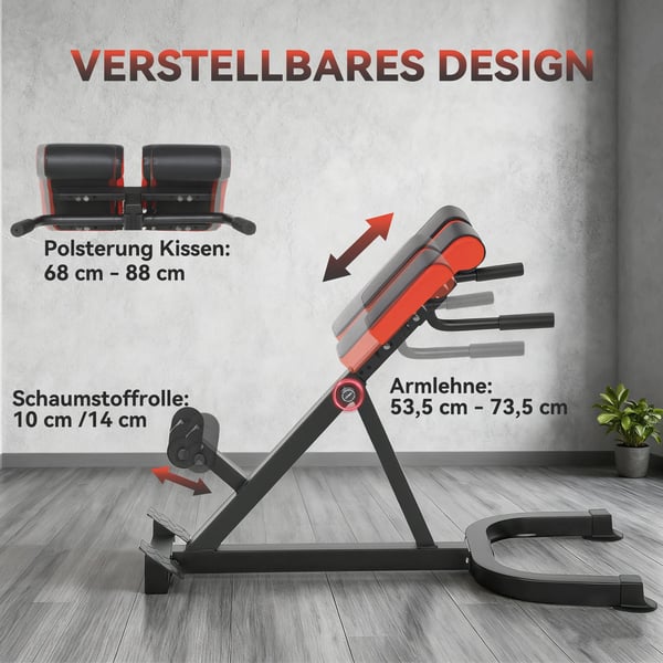 Justerbar rygtræner og træningsbænk i rød/sort kunstlæder, 120 kg kapacitet