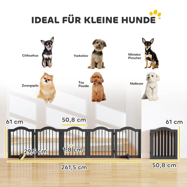 Hopfällbar Hundgrind med Fötter, 5 Paneler, Svart Trä/MDF, 261,5x29,5x61 cm