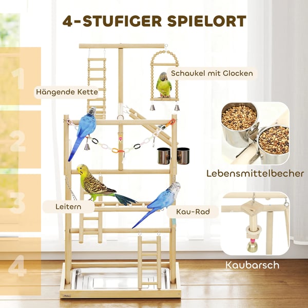 Fågelträd med 4 nivåer, sittpinnar, gungor och leksaker, av naturträ och rostfritt stål, för småfåglar