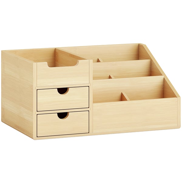 Skrivebordsorganizer i Bambus med 2 Skuffer og 7 Rum - Natur, L33 x B20,5 x H15,5 cm