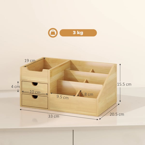 Skrivbordsorganisatör i Bambu - 2 Lådor & 7 Fack, Natur, L33xB20,5xH15,5 cm