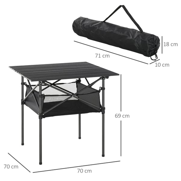 campingbord, sammenklappeligt aluminiumsbord, let, bærbart med netlomme, sort, 70x70x69 cm