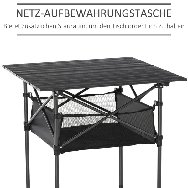 campingbord, sammenklappeligt aluminiumsbord, let, bærbart med netlomme, sort, 70x70x69 cm