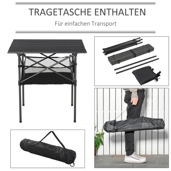 campingbord, sammenklappeligt aluminiumsbord, let, bærbart med netlomme, sort, 70x70x69 cm