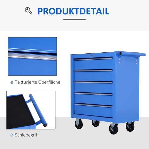 Verkstadsvagn "Rolling Trolley" med 5 lådor, verktygsvagn i legerat stål, blå